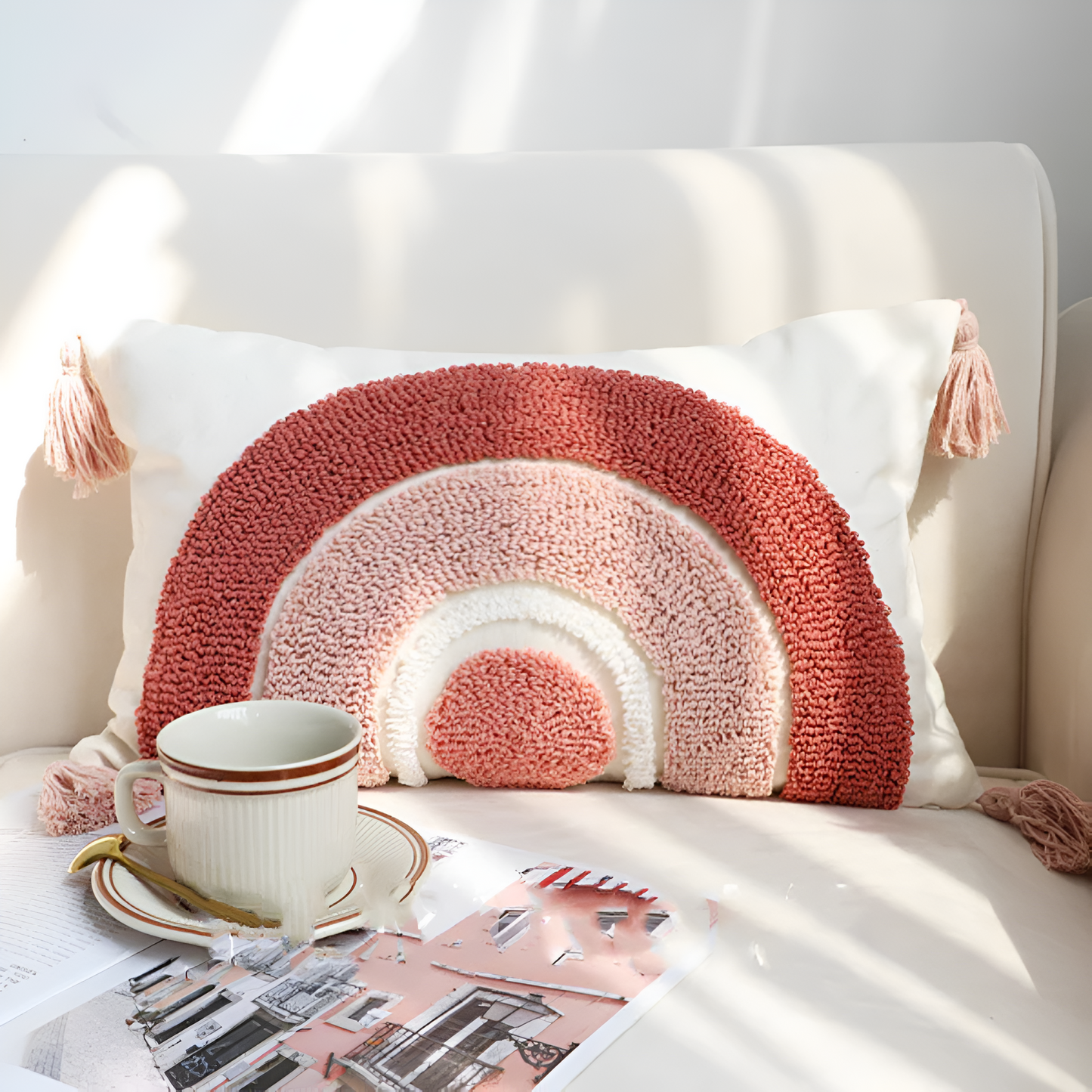 Cushion Cover Tufted Embroidered Cotton Rainbow Motif