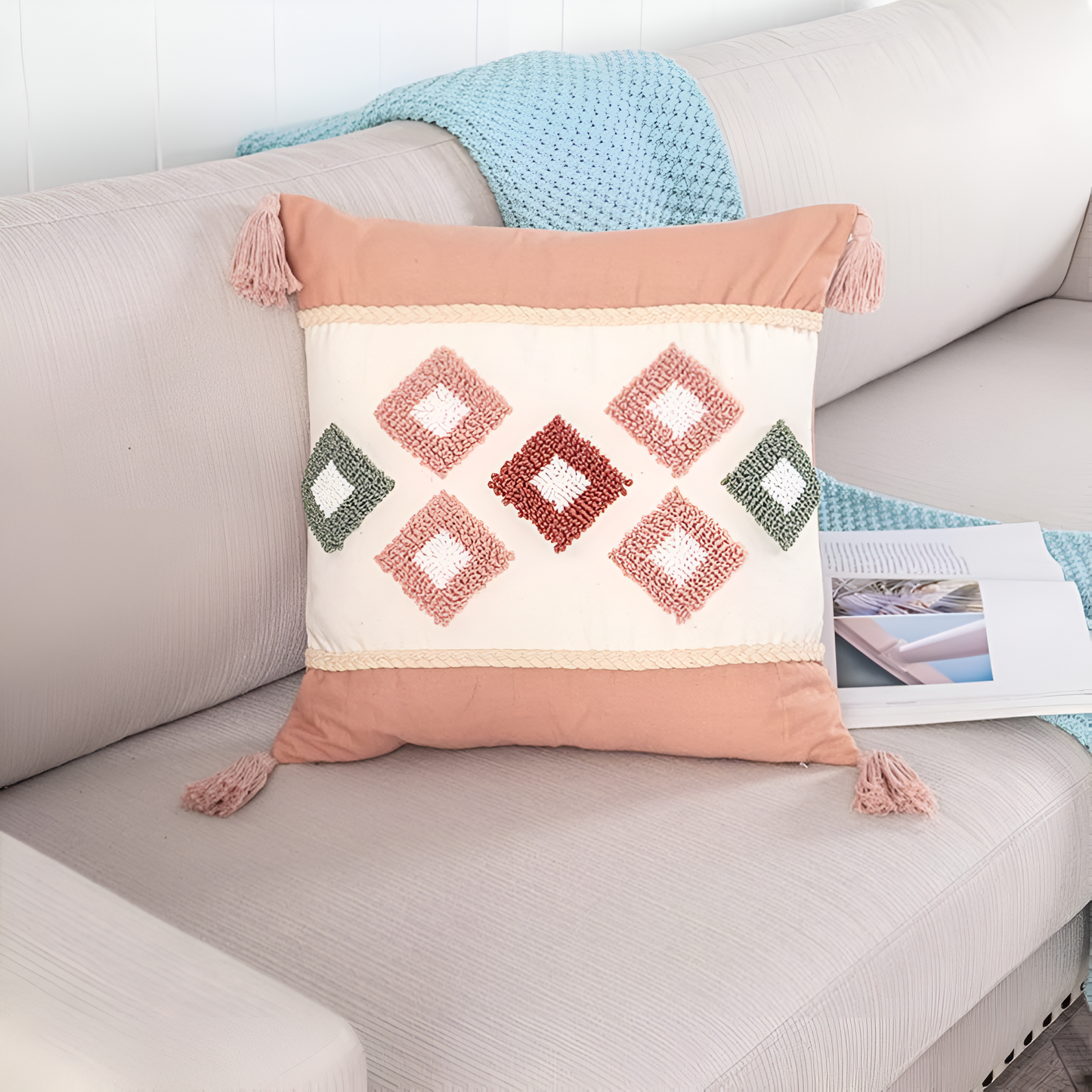 Cushion Cover Tufted Embroidered Cotton Rainbow Motif
