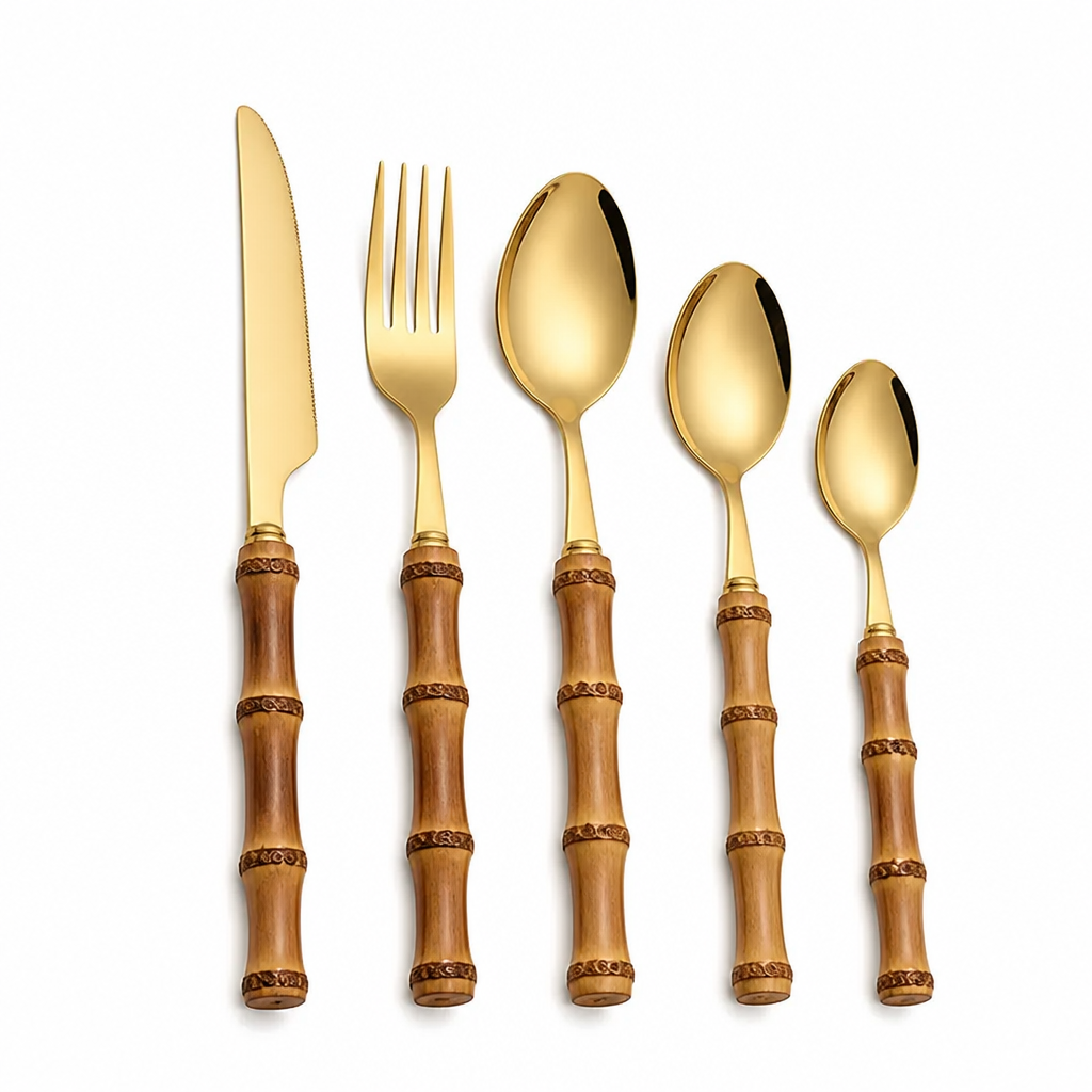 Cutlery Set Polished Gold Stainless Steel & Bamboo Handles