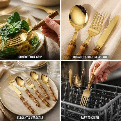 Cutlery Set Polished Gold Stainless Steel & Bamboo Handles
