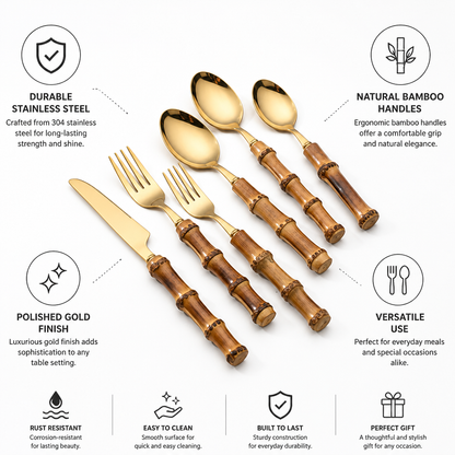 Cutlery Set Polished Gold Stainless Steel & Bamboo Handles