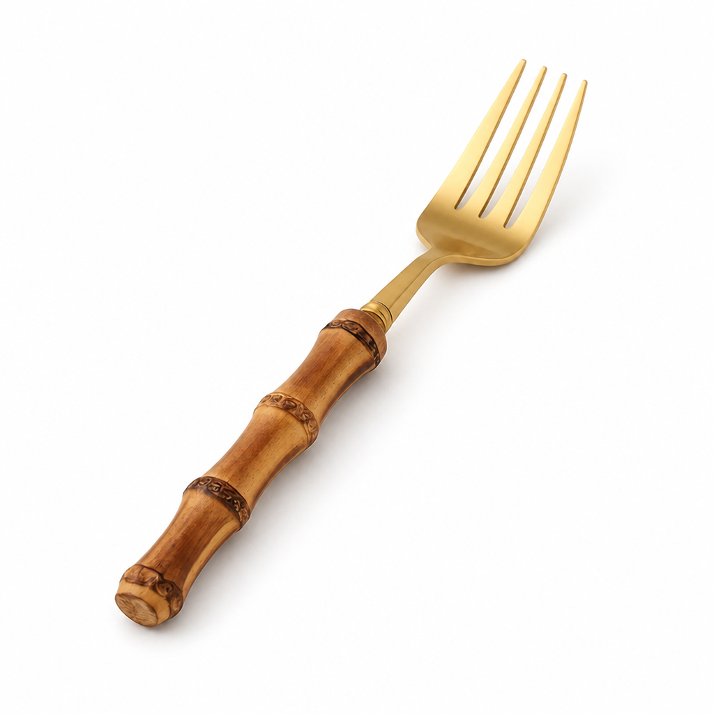 Cutlery Set Polished Gold Stainless Steel & Bamboo Handles