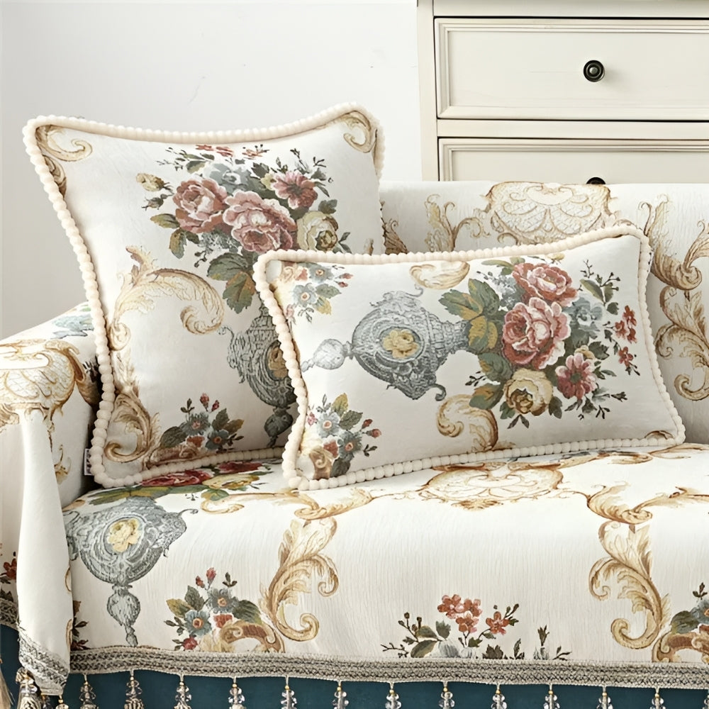 Decorative Cushion Cover Chenille Jacquard Floral Beaded Edge