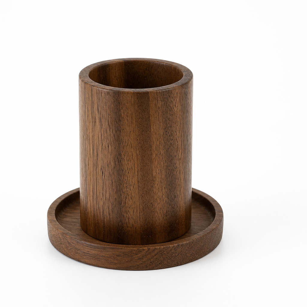 Decorative Plant Pot with Wooden Base and Matching Tray
