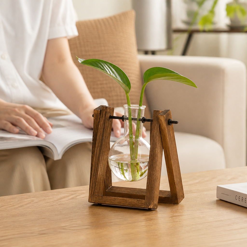 Decorative Plant Pot with Wooden Base and Matching Tray