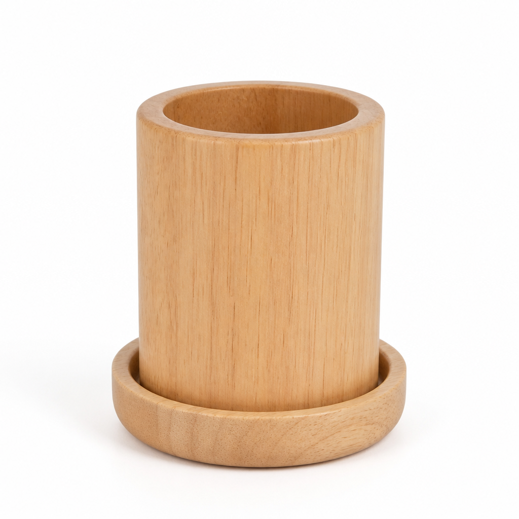 Decorative Plant Pot with Wooden Base and Matching Tray