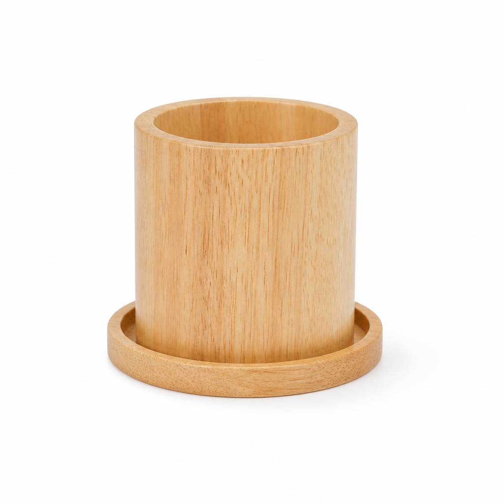 Decorative Plant Pot with Wooden Base and Matching Tray