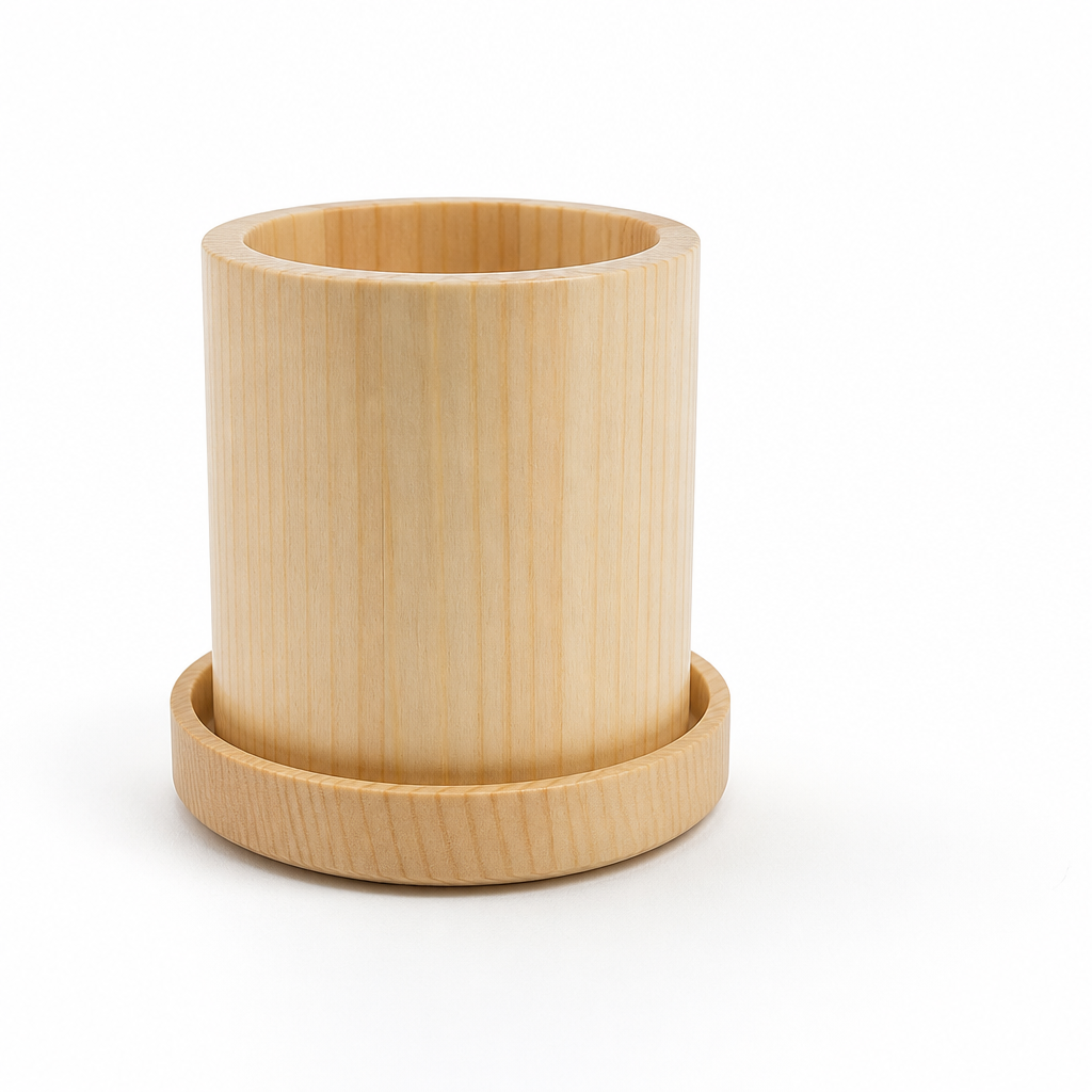 Decorative Plant Pot with Wooden Base and Matching Tray