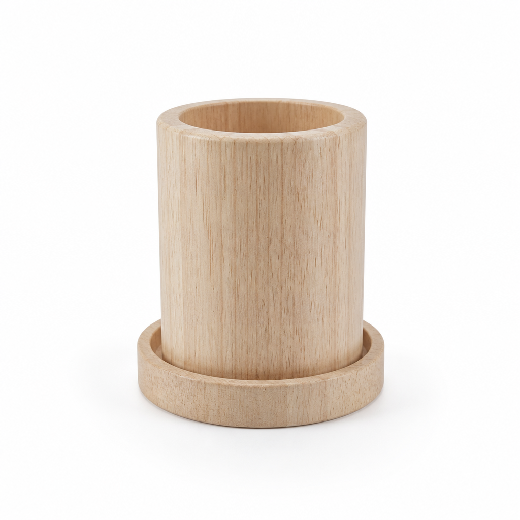 Decorative Plant Pot with Wooden Base and Matching Tray