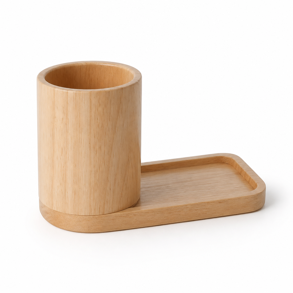 Decorative Plant Pot with Wooden Base and Matching Tray