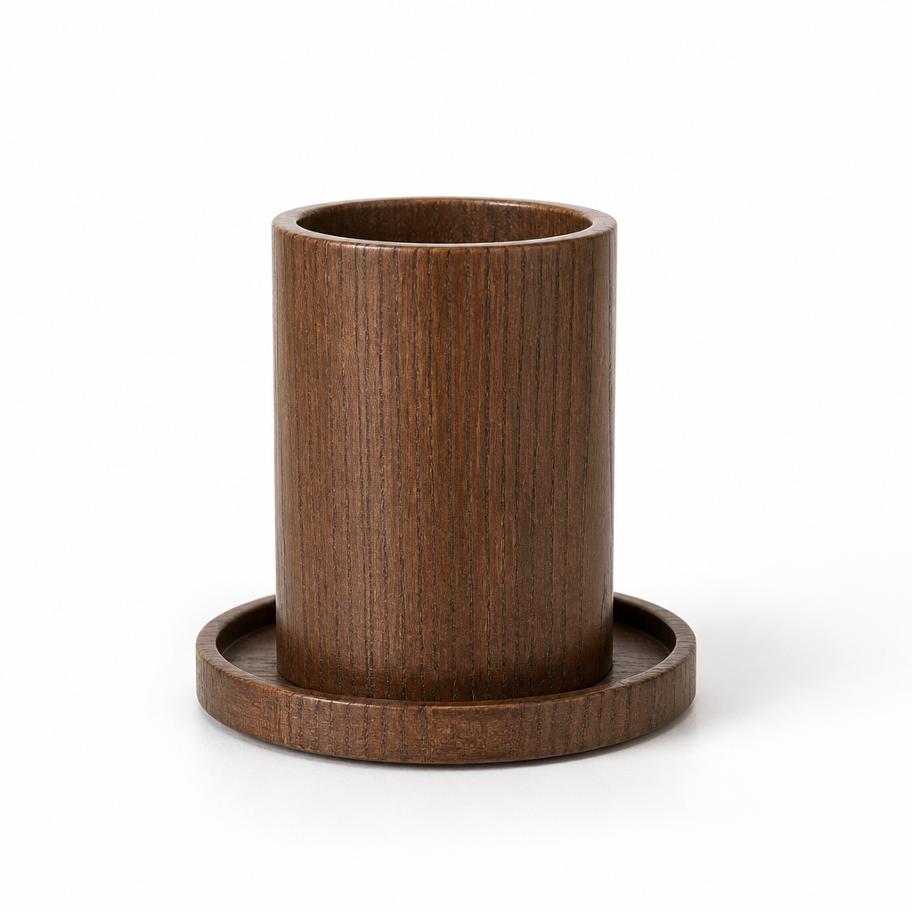Decorative Plant Pot with Wooden Base and Matching Tray