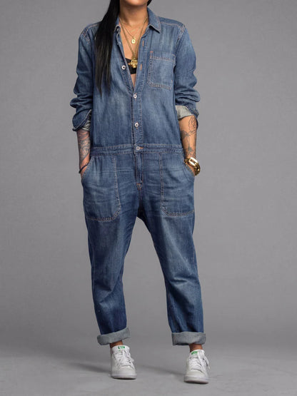 Denim Jumpsuit Lightweight Cotton Utility Pockets Relaxed Fit