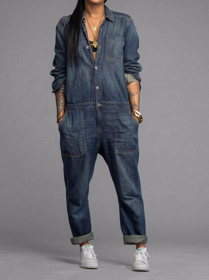 Denim Jumpsuit Lightweight Cotton Utility Pockets Relaxed Fit