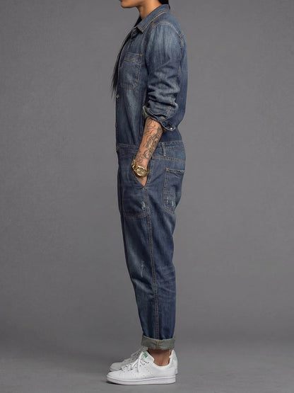 Denim Jumpsuit Lightweight Cotton Utility Pockets Relaxed Fit