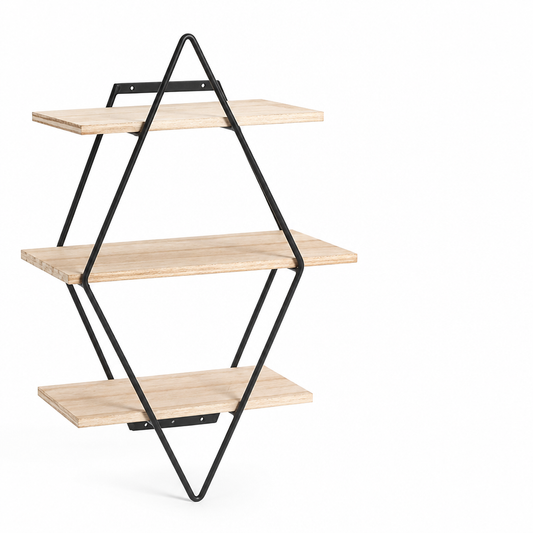 Diamond-Shaped Wood and Iron Wall Shelf (3-Tier)