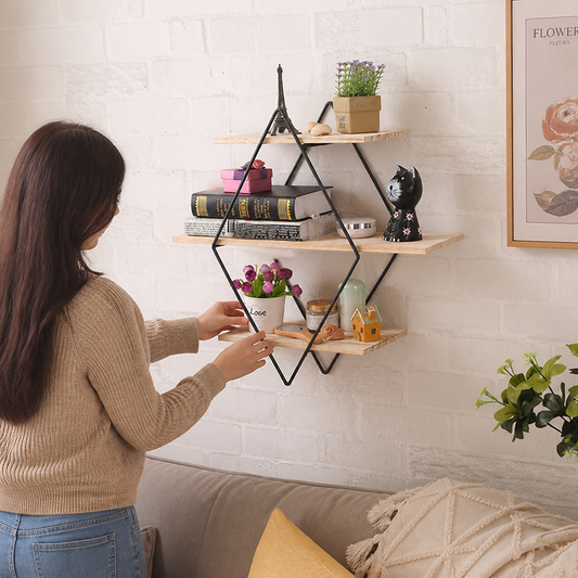Diamond-Shaped Wood and Iron Wall Shelf (3-Tier)
