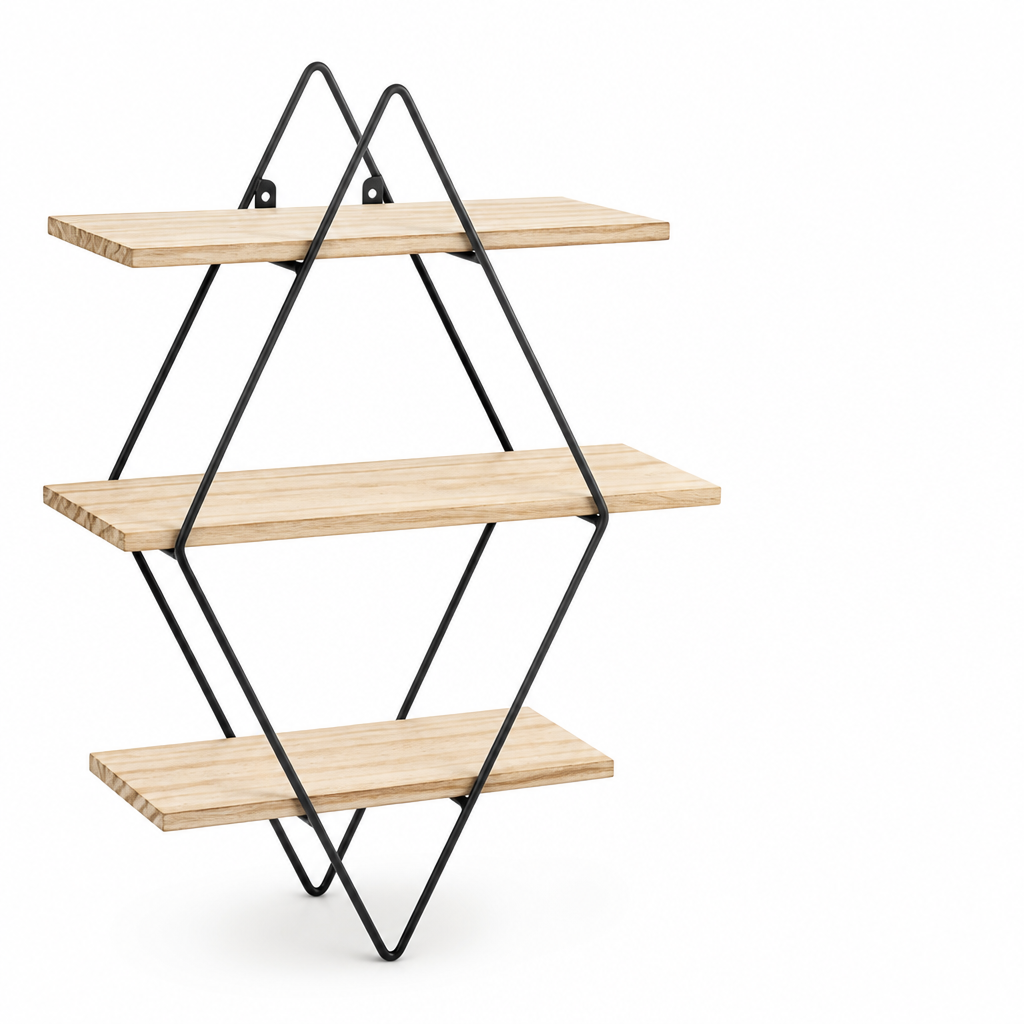 Diamond-Shaped Wood and Iron Wall Shelf (3-Tier)