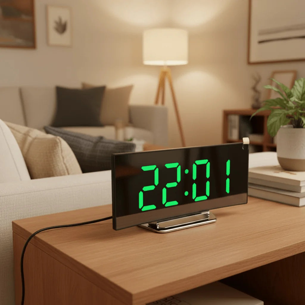 Digital Alarm Clock Large LED Display Silent Operation Mirror Finish