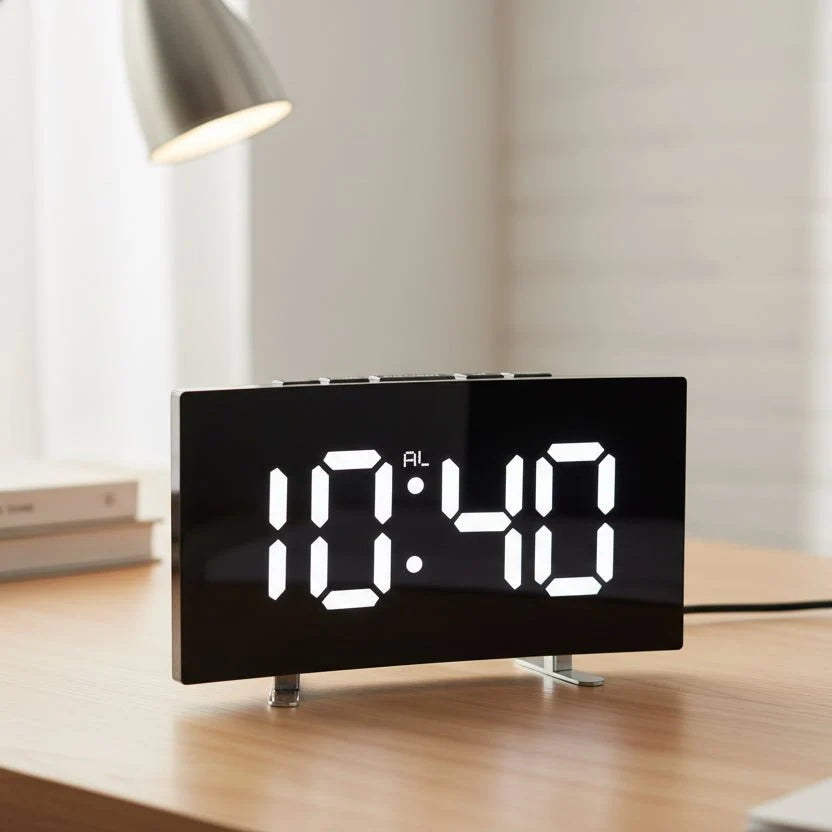 Digital Alarm Clock Large LED Display Silent Operation Mirror Finish