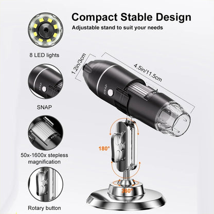 Digital Microscope 1600x Magnification USB-Powered Live Display