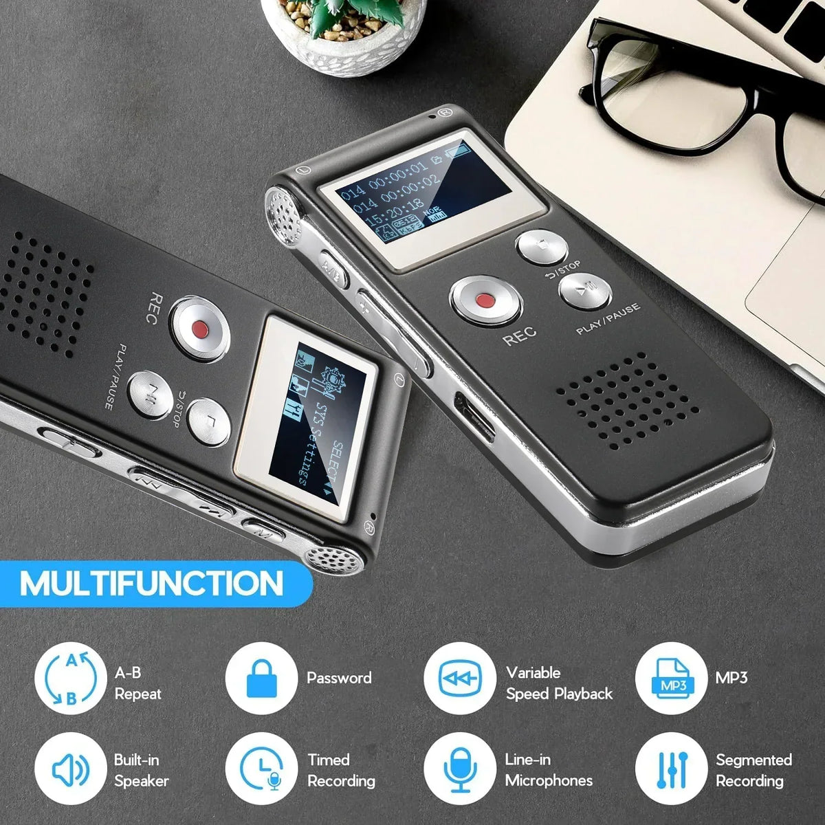 Digital Voice Recorder Voice-Activated WAV Built-In Storage