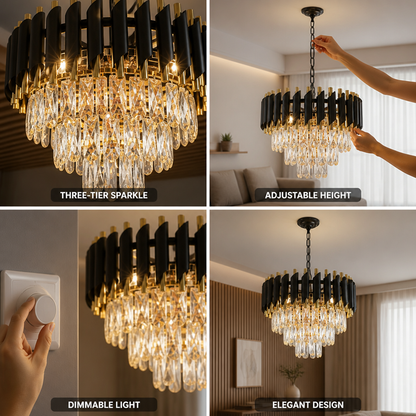 Dimmable Three-Tier Crystal Chandelier (Adjustable Height)