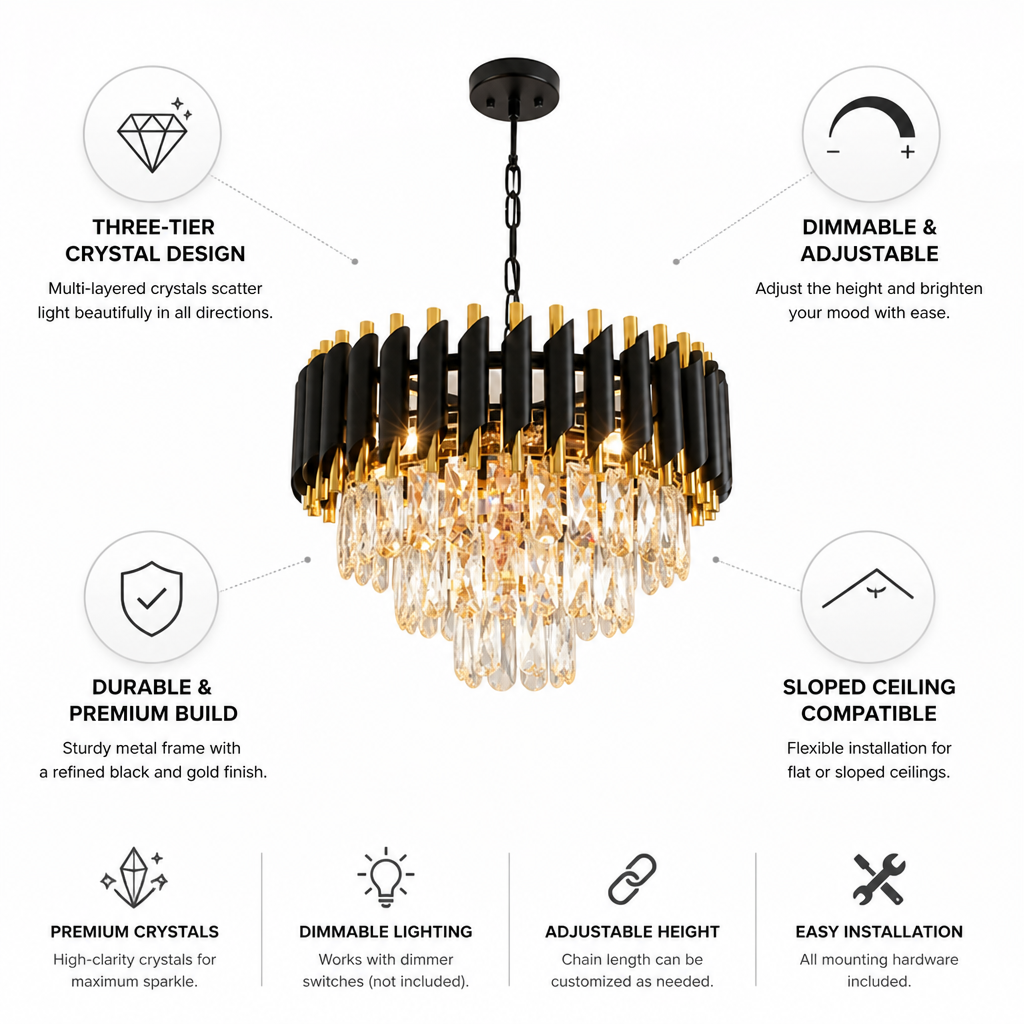 Dimmable Three-Tier Crystal Chandelier (Adjustable Height)