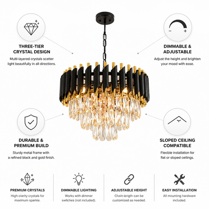 Dimmable Three-Tier Crystal Chandelier (Adjustable Height)