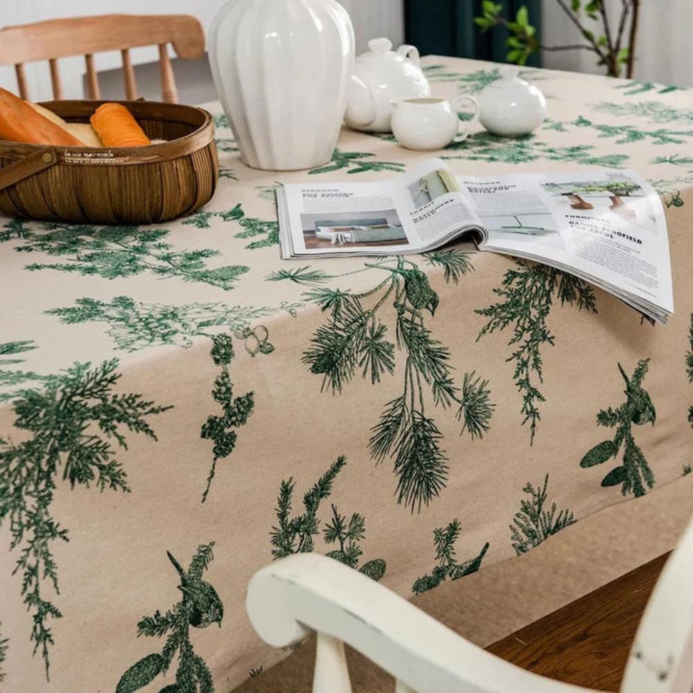 Dining Tablecloth Cotton-Linen Blend Machine Washable Pine & Bird