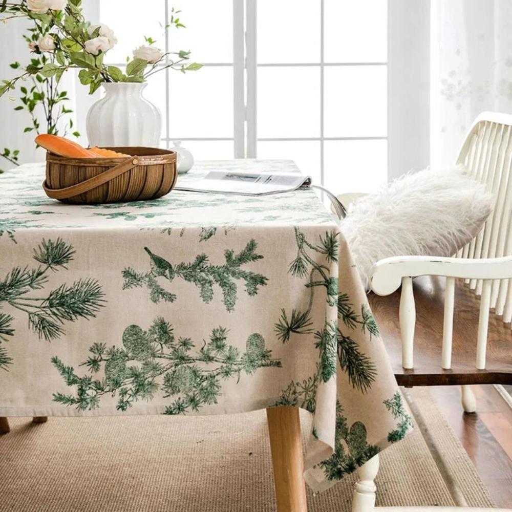 Dining Tablecloth Cotton-Linen Blend Machine Washable Pine & Bird