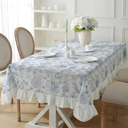 Dining Tablecloth Embroidered Blue Floral Machine Washable
