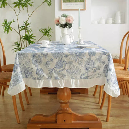 Dining Tablecloth Embroidered Blue Floral Machine Washable