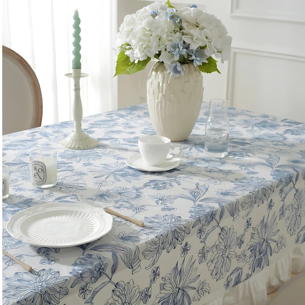 Dining Tablecloth Embroidered Blue Floral Machine Washable