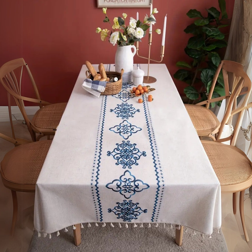 Dining Tablecloth Embroidered Jacquard Tassel Trim
