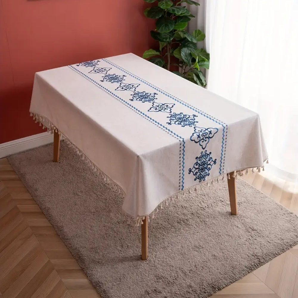 Dining Tablecloth Embroidered Jacquard Tassel Trim