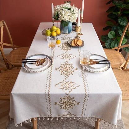 Dining Tablecloth Embroidered Jacquard Tassel Trim