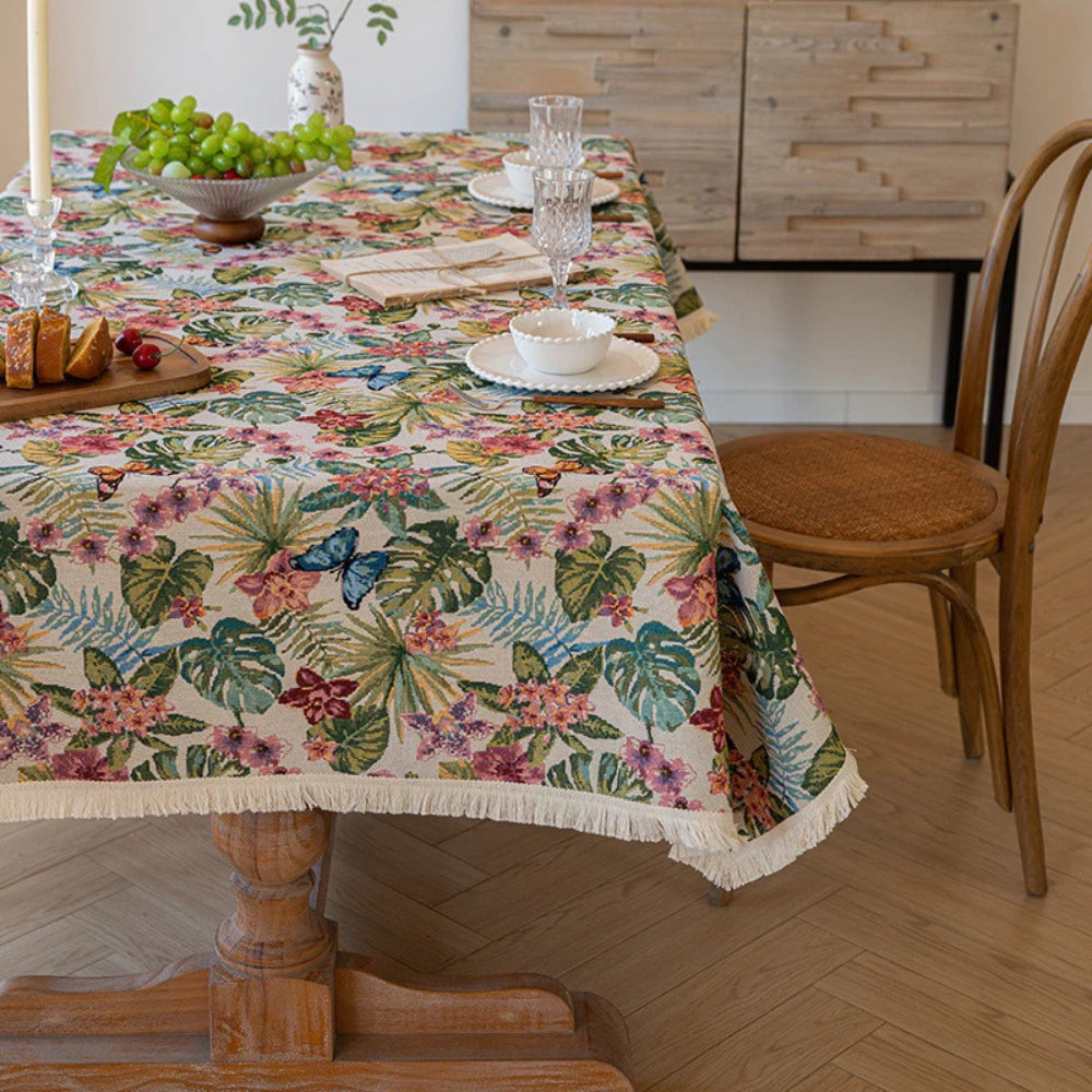 Dining Tablecloth Linen Floral Jacquard Fringe Trim