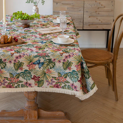 Dining Tablecloth Linen Floral Jacquard Fringe Trim