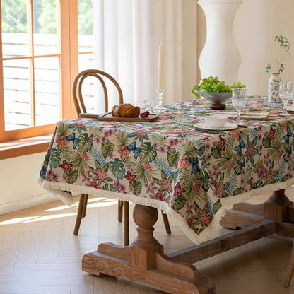 Dining Tablecloth Linen Floral Jacquard Fringe Trim