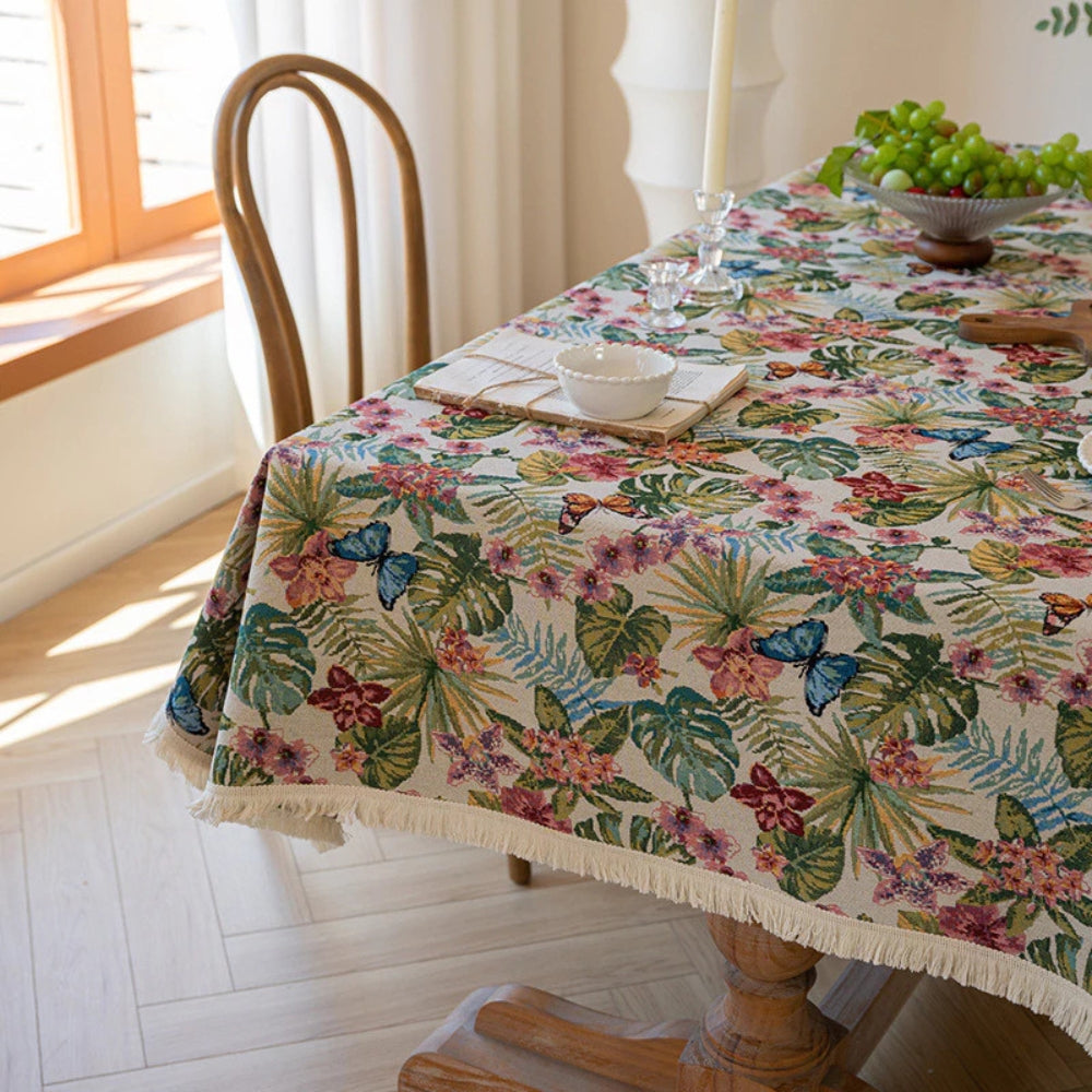 Dining Tablecloth Linen Floral Jacquard Fringe Trim