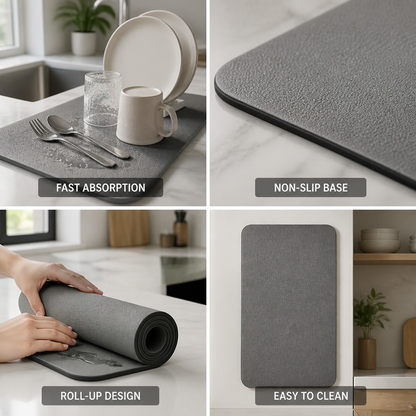 Dish Drying Mat Fast Absorption Non-Slip Base & Roll-Up