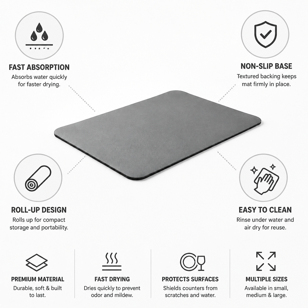 Dish Drying Mat Fast Absorption Non-Slip Base & Roll-Up