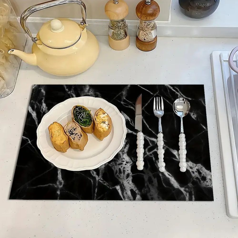 Dish Drying Mat Marble Print Highly Absorbent Non-Slip Base