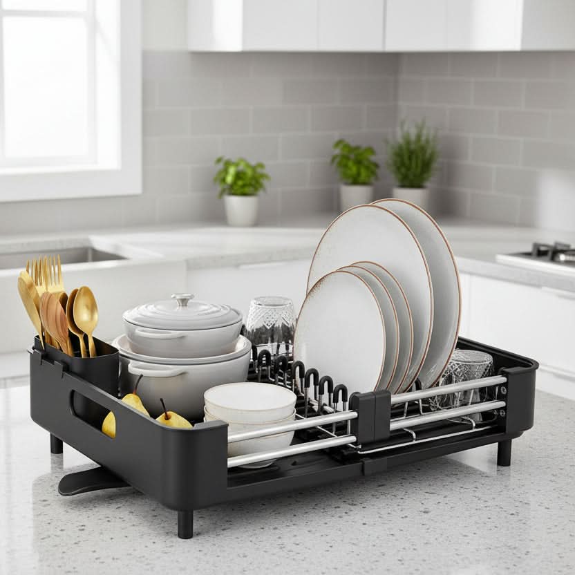 Dish Drying Rack Expandable Drain Tray Rust-Resistant Steel