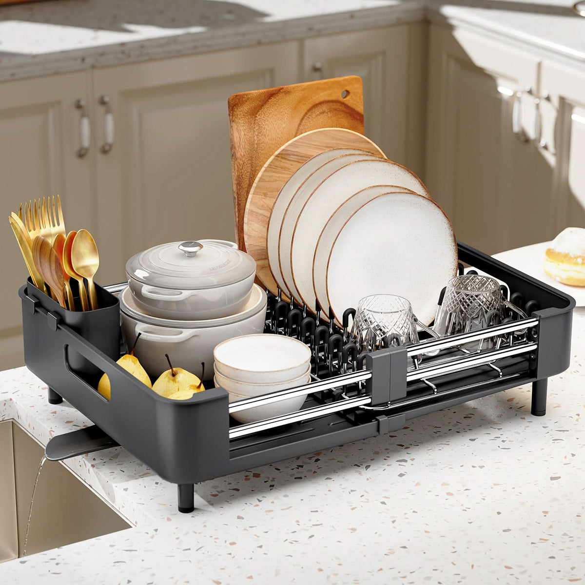 Dish Drying Rack Expandable Drain Tray Rust-Resistant Steel
