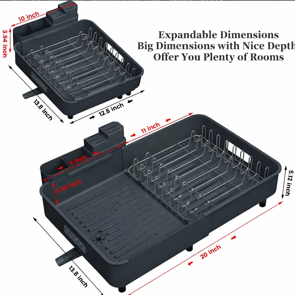 Dish Drying Rack Expandable Drain Tray Rust-Resistant Steel
