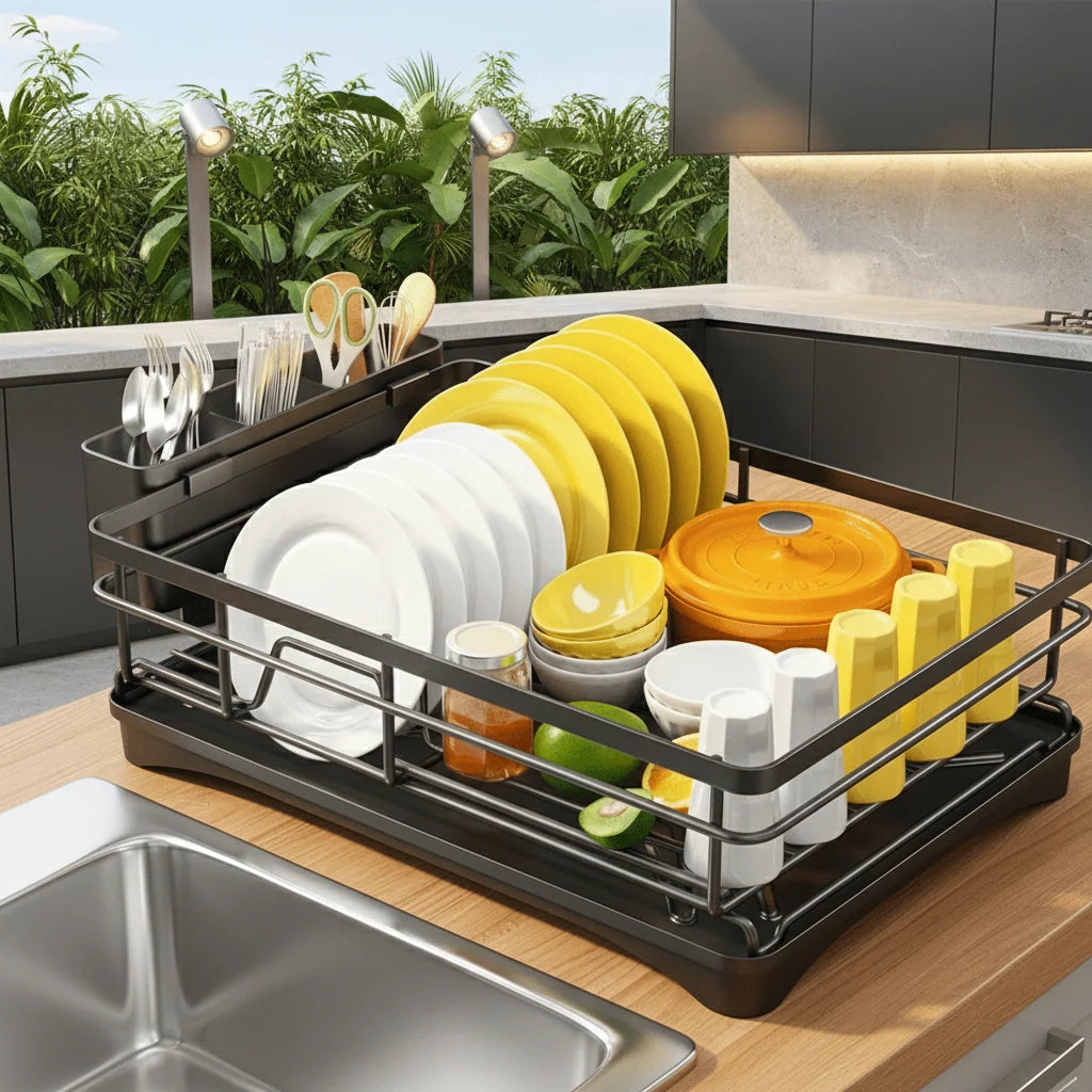 Dish Drying Rack Integrated Drip Tray Space-Saving