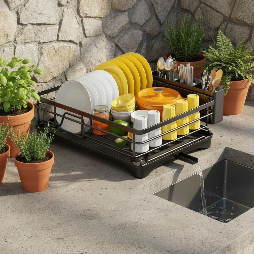 Dish Drying Rack Integrated Drip Tray Space-Saving Countertop Design