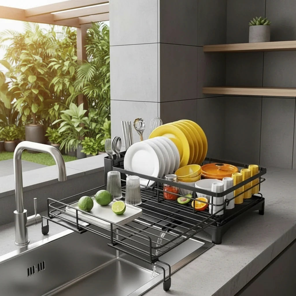Dish Drying Rack Integrated Drip Tray Space-Saving Countertop Design