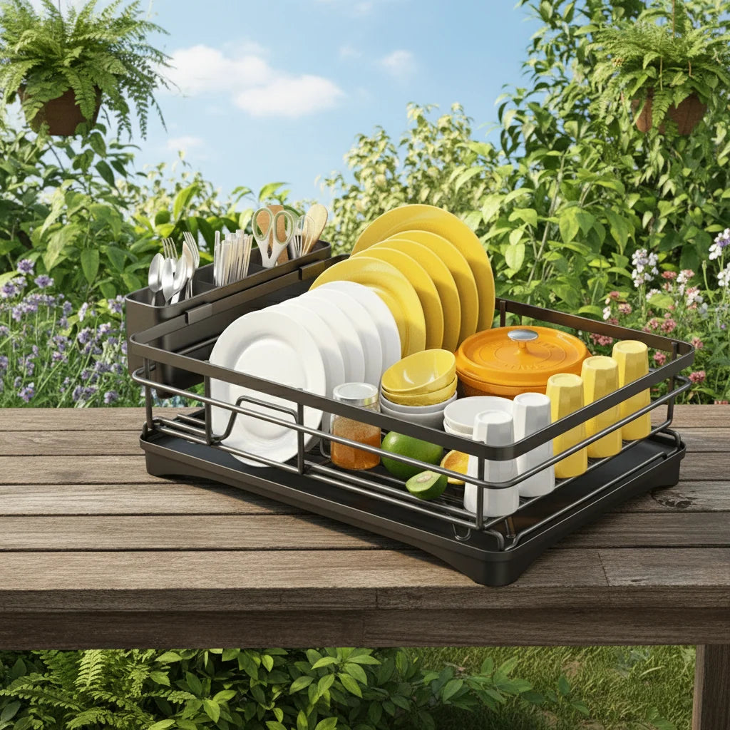 Dish Drying Rack Integrated Drip Tray Space-Saving Countertop Design